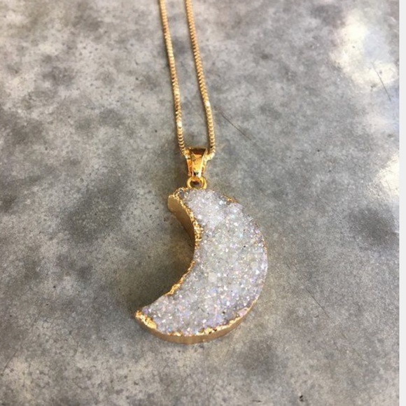 Gold Crescent Moon Druzy Pendant Geode Necklace - Picture 3 of 8